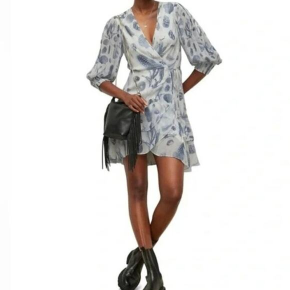 All Saints Ari Oceano Coastal Mini‎ Beach Wrap Ruffle Dress Size 12 - Picture 1 of 15